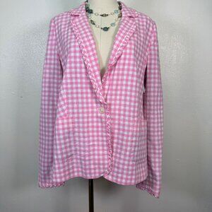 Crown & Ivy Blazer Women's10 Pink/White Check Gingham Linen Blend Coquette Chic